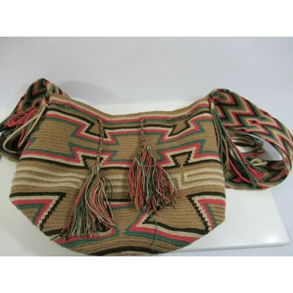 Wayúu Mochila Bag Woven Handbag Bucket with Shoulder Straps Colombian Pink Beige - Picture 5 of 9